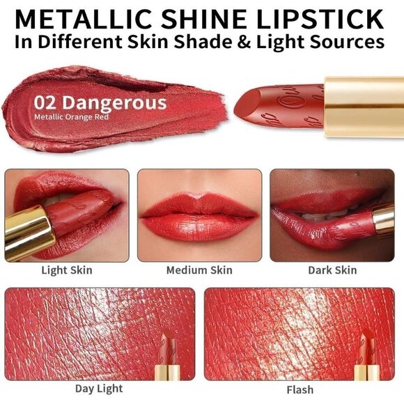 Oulac Women Metallic Shine Orange High Impact Moisturizing Lipstick Dangerous 02 - Picture 3 of 8